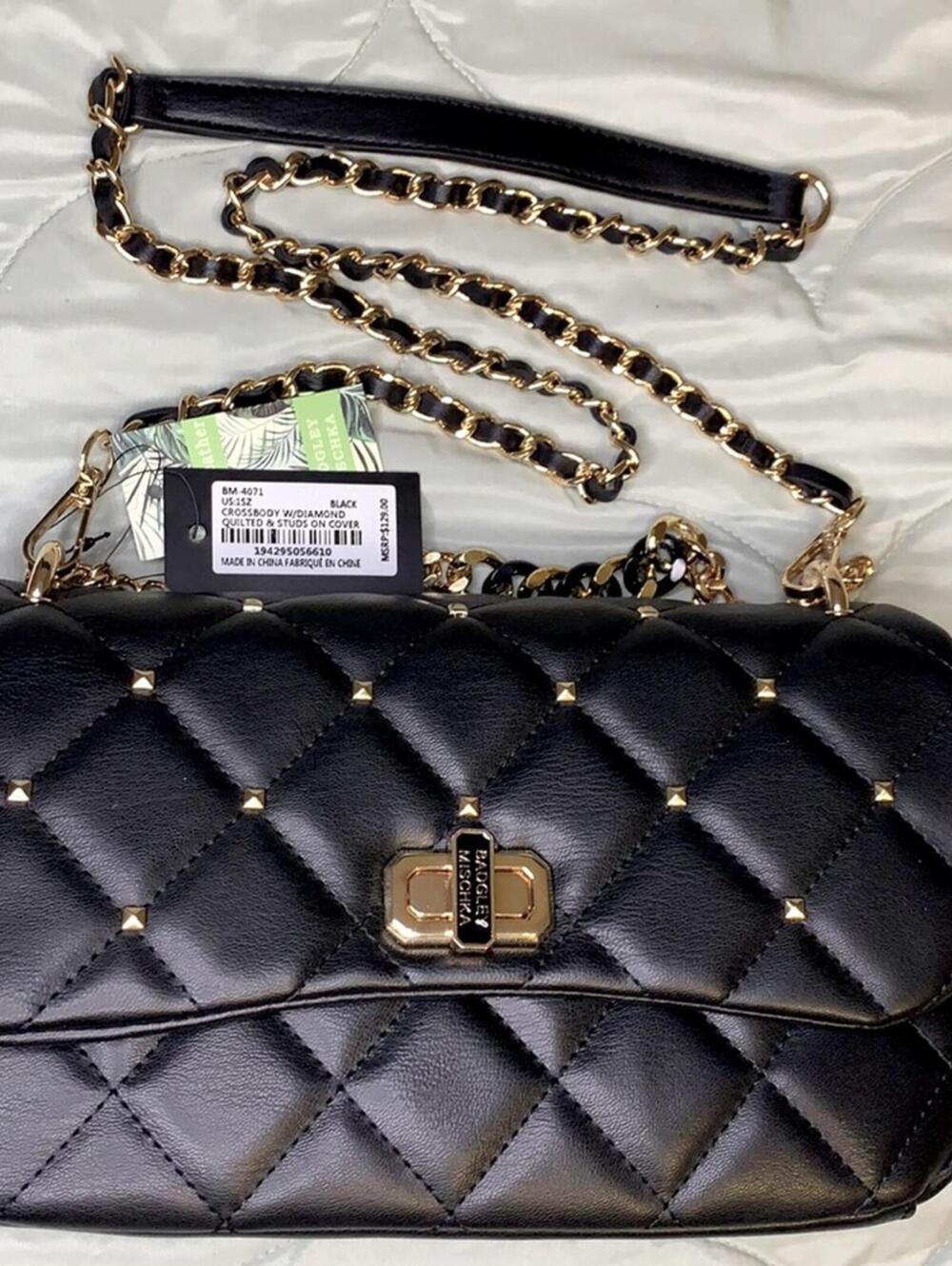 Badgley Mischka Black Crossbody Bag with Diamond Quilted & Studded Design